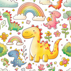3d render photo of cute kawaii design featuring dinosaurs, clouds, flowers, trees, rainbows and dinosaur made with generative AI