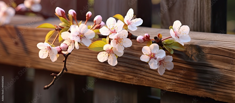 Poster spring flowering branch on wooden background plum blossoms delicate branch of flowering plum on a wo