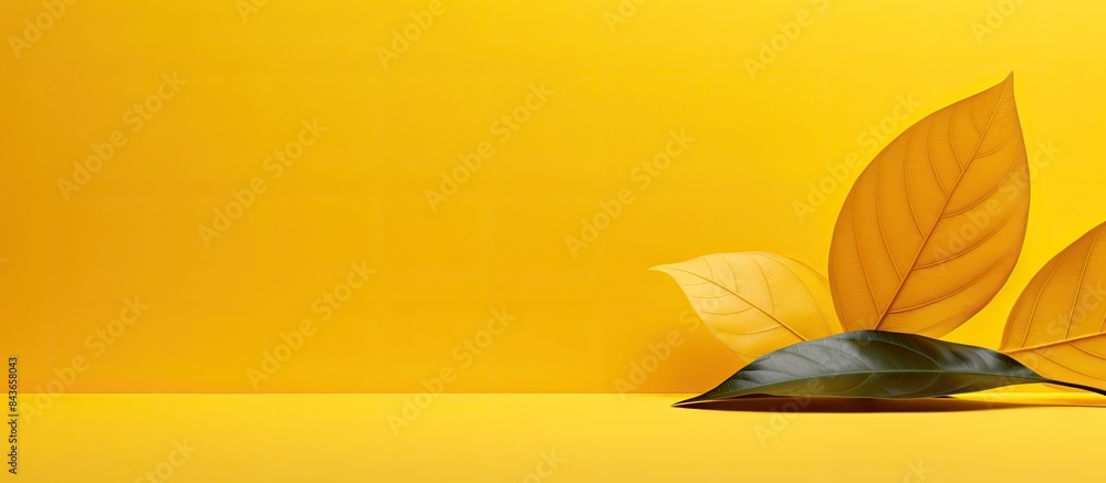 Poster a summery concept is conveyed with a copy space image of a leaf against a vibrant yellow backdrop