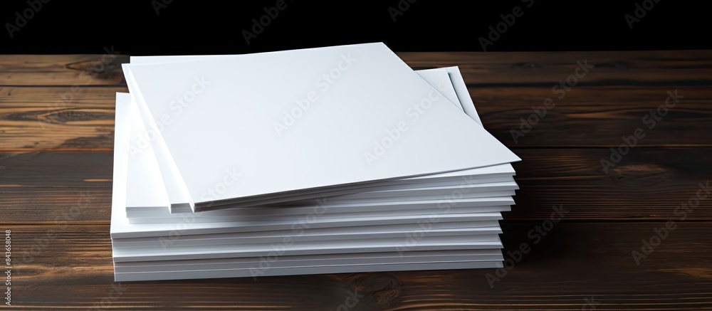 Aufkleber a mock up of blank paper sheets for a brochure is stacked on a black wooden background creating a co