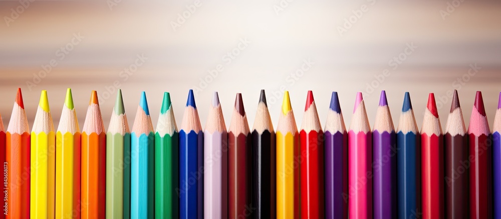 Poster Colorful pencils arranged on a background leaving empty space for an image. copy space available