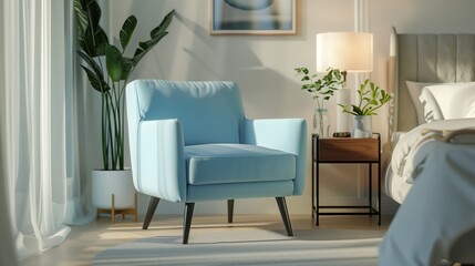 A chic blue accent chair nestled in a corner of the bedroom, upholstered in soft white fabric and paired with a sleek side table, offering a cozy spot for relaxation and contemplation.
