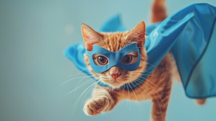 superhero cat, Cute orange tabby kitty with a blue cloak and mask jumping and flying on light blue background with copy space. The concept of a superhero, super cat, leader, funny animal studio shot.
