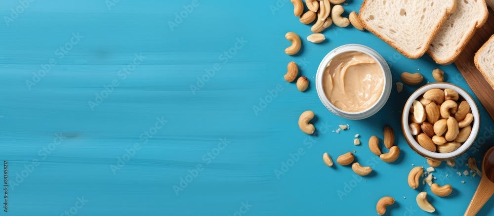 Poster Make toast with nut paste Two toastes knife and nuts on blue background copy space
