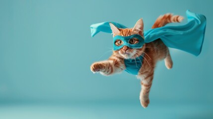 Fototapeta premium superhero cat, Cute orange tabby kitty with a blue cloak and mask jumping and flying on light blue background with copy space. The concept of a superhero, super cat, leader, funny animal studio shot. 