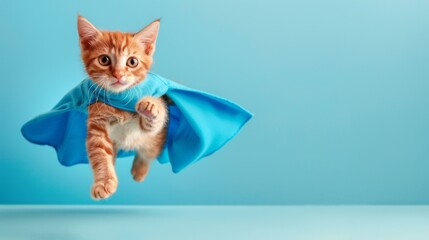 Fototapeta premium superhero cat, Cute orange tabby kitty with a blue cloak and mask jumping and flying on light blue background with copy space. The concept of a superhero, super cat, leader, funny animal studio shot. 