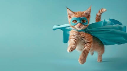 Fototapeta premium superhero cat, Cute orange tabby kitty with a blue cloak and mask jumping and flying on light blue background with copy space. The concept of a superhero, super cat, leader, funny animal studio shot. 