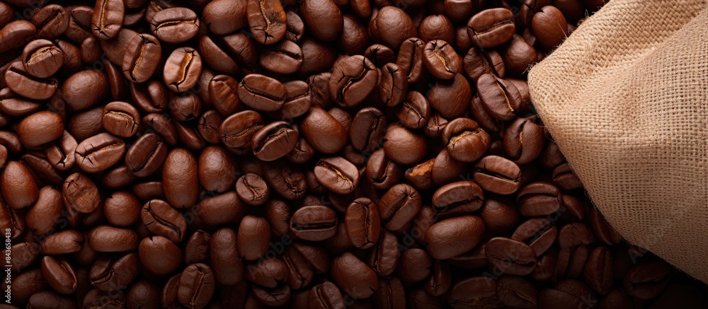 Aufkleber Top view of a coffee cup filled with coffee beans creating a visually appealing copy space image