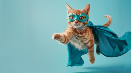 Fototapeta premium superhero cat, Cute orange tabby kitty with a blue cloak and mask jumping and flying on light blue background with copy space. The concept of a superhero, super cat, leader, funny animal studio shot. 