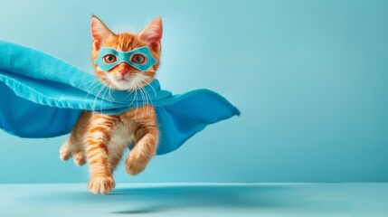 Fototapeta premium superhero cat, Cute orange tabby kitty with a blue cloak and mask jumping and flying on light blue background with copy space. The concept of a superhero, super cat, leader, funny animal studio shot. 