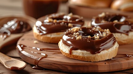 Delicious donuts topped with rich chocolate glaze and sprinkled nuts on a rustic wooden board.