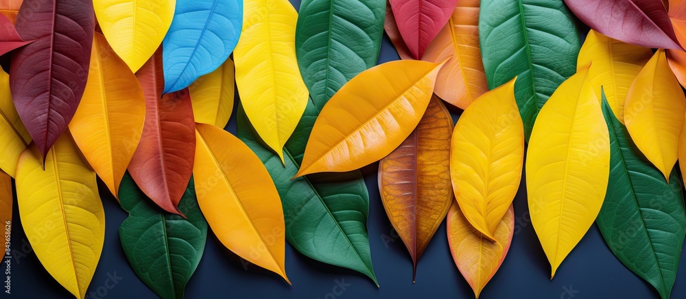 Poster Closeup leaves in different color age of jackfruit tree leaves Line of colorful dry leaves in autumn season environment changed concept Top view flatlay Changing environment background banner