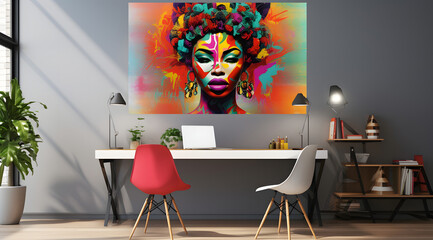 Artistic Office Workspace with Vibrant Abstract Wall Art