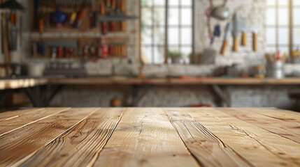 wooden table in the foreground; blurred background with carpenter's tools