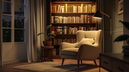 A cozy reading nook with a comfortable armchair, a floor lamp, and a small bookshelf.