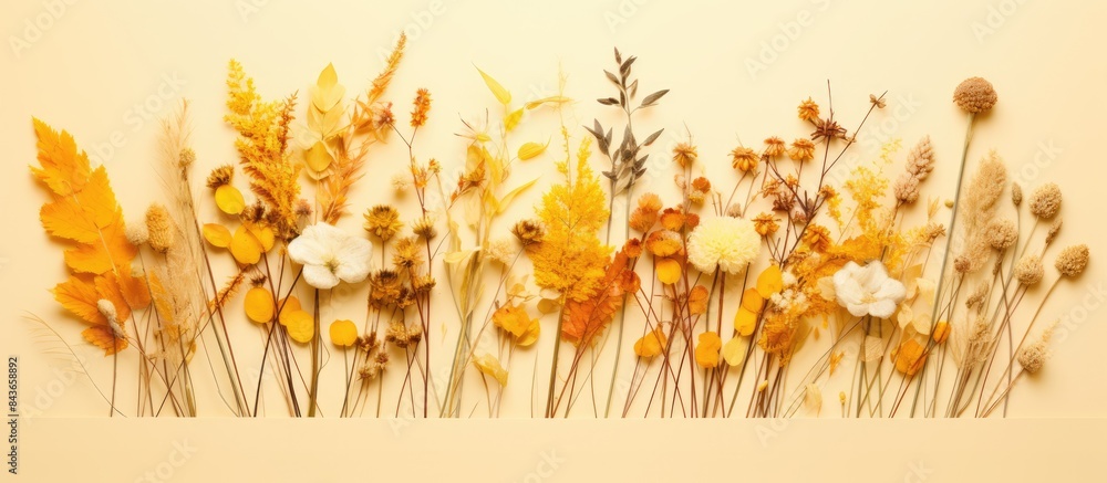 Poster a vibrant arrangement of dried autumn flowers resting on a white frame against a yellow paper backdr