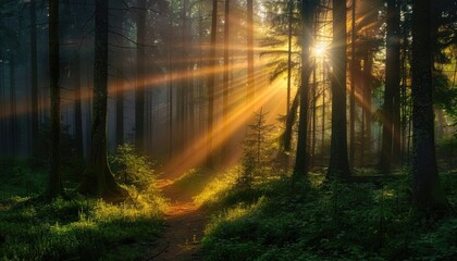 Spectacular sun rays shining through woods and tree in the dense forest. Green and lust forest on a beautiful summer day