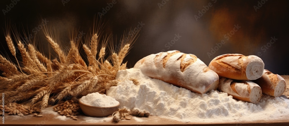 Poster making bread concept loaves near flour wheat ears top view copy space