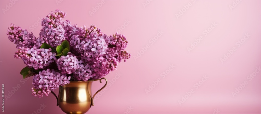 Aufkleber on a pink background a bronze vase in the form of a cone and in it a bouquet of lilac. copy space available