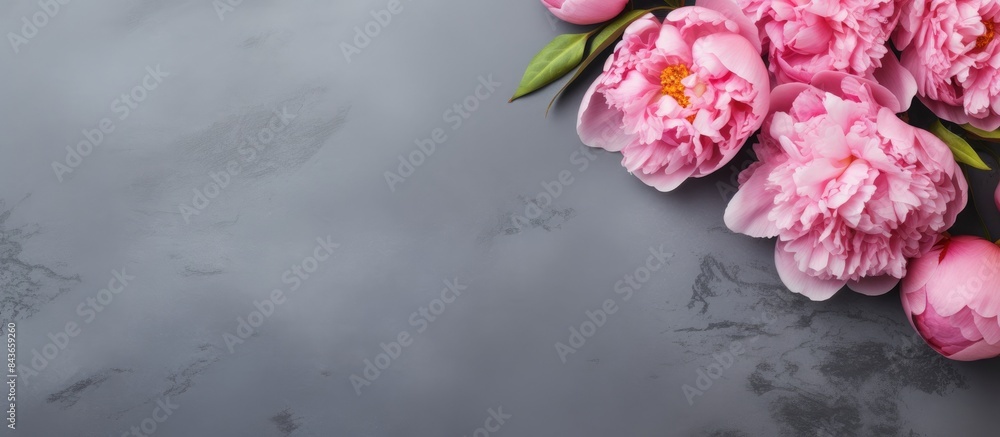 Poster beautiful pink peony flowers on gray stone table with copy space for your text flat style top view
