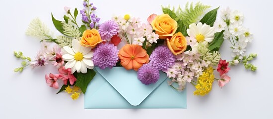 greeting card design spring bouquet of flowers and an envelope invitation congratulation. copy space available