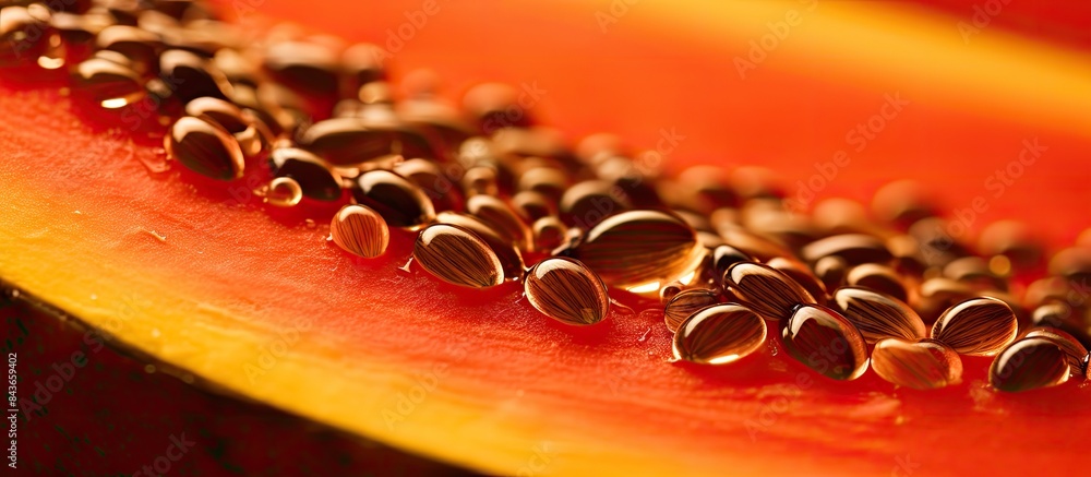 Poster slice of watermelon on orange background close up watermelon seed macro. copy space available