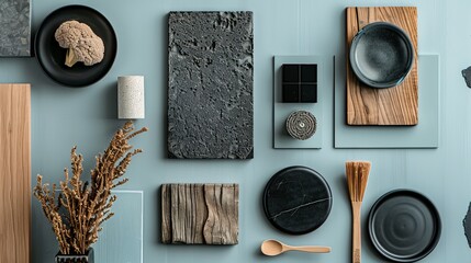 A mood board showcases a color scheme featuring wood grey and black tones against a pale blue background