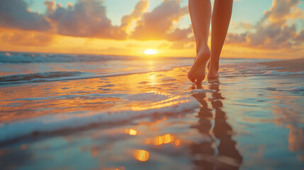 Feet Walking on Sandy Beach at Sunset Highlighting Relaxation and Connection with Nature