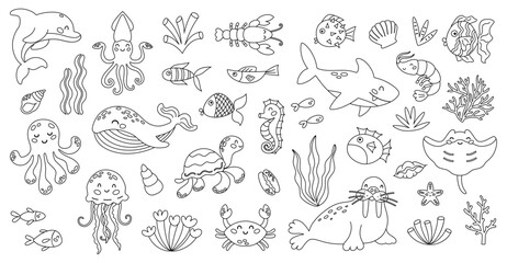 Cute sea animals characters in cartoon style. Coloring book isolated on white background.