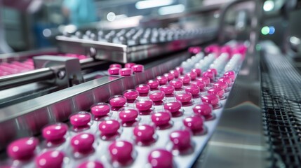 Obraz premium Precision in Action: Capturing the Intricate Packaging Process of Pharmaceuticals with High Detail and Natural Lighting