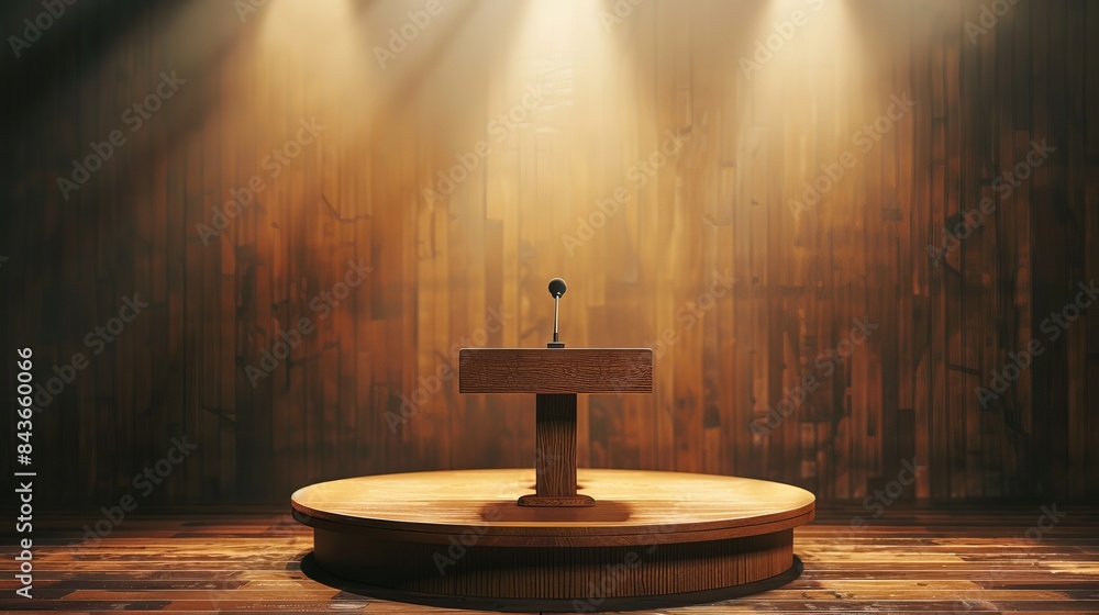 Aufkleber a wooden speech podium with a microphone is displayed on an isolated studio background suitable for 