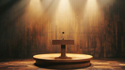 A wooden speech podium with a microphone is displayed on an isolated studio background suitable for press conferences debates or speeches