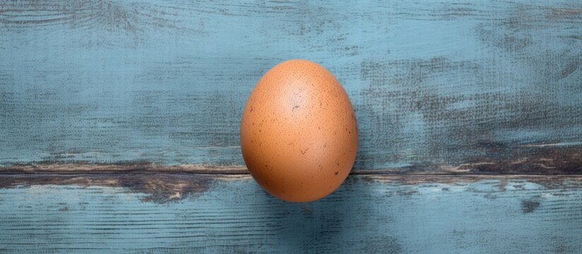 brown raw chicken egg in shell on old blue wooden background Close up top view. copy space available