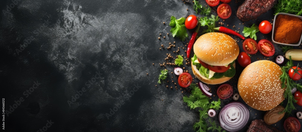 Poster hamburger building kit fresh ingredients for burger on dark stone table top view with copy space