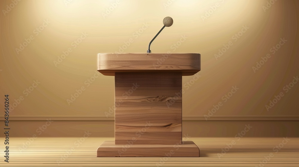 Poster a wooden speech podium with a microphone is displayed on an isolated studio background suitable for 