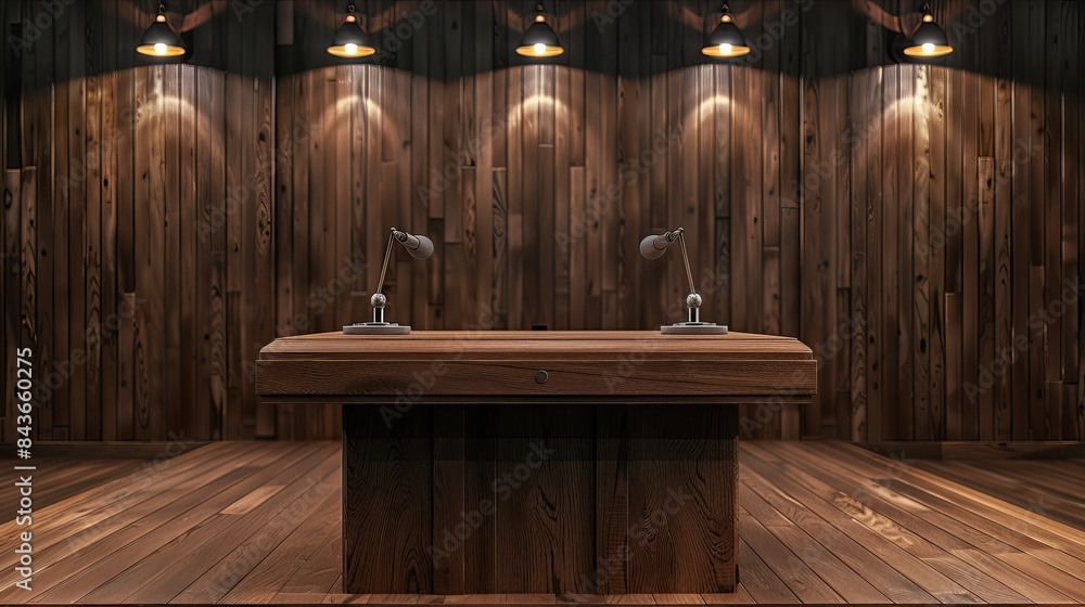 Poster a wooden speech podium with a microphone is displayed on an isolated studio background suitable for 