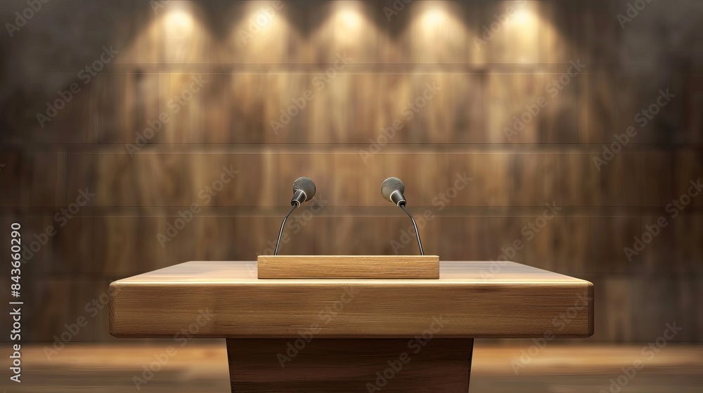 Poster a wooden speech podium with a microphone is displayed on an isolated studio background suitable for 
