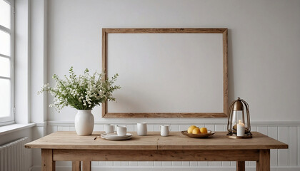 Mock up frame in home interior background , Wooden table with décor ,  flowers , lamp in white room , 3D render .