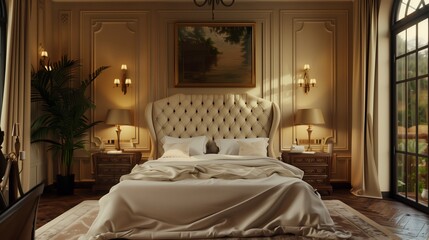 A serene bedroom with a tufted headboard, soft bedding, and large windows.