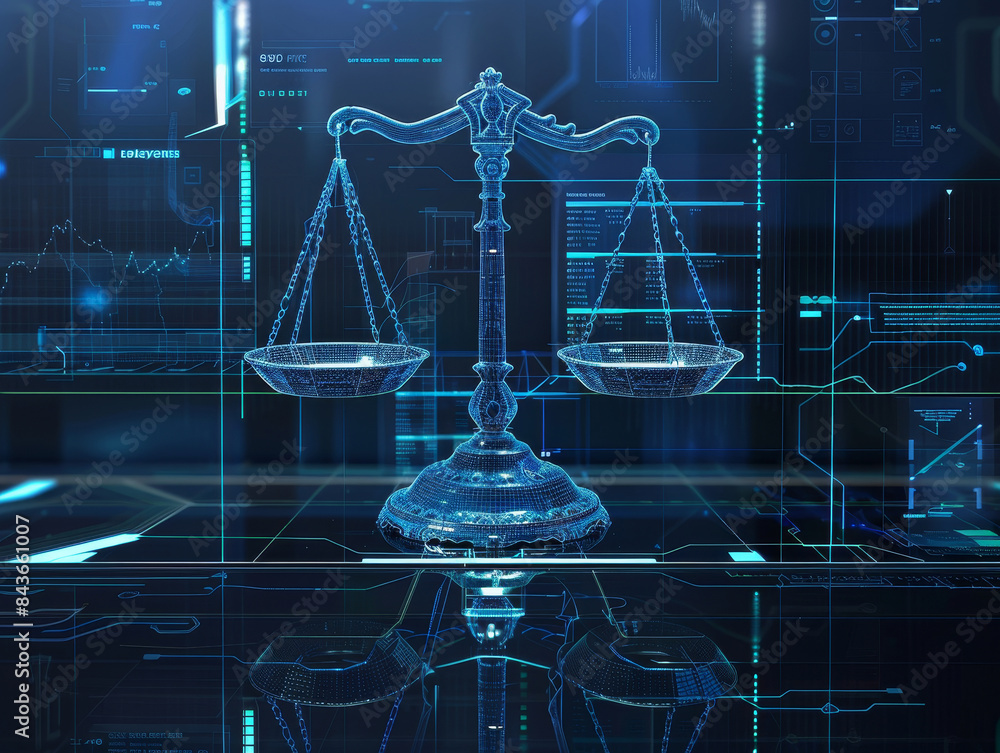 Poster futuristic cyberpunk legal interface with digital scales and empty space for text