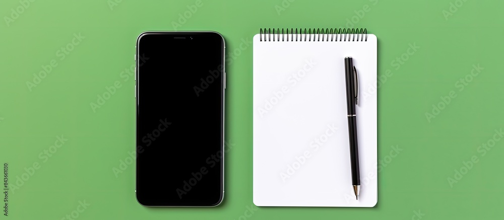 Fototapete Flat lay of blank notepad with pencil and smartphone with green screen Mockup Todo list concept. copy space available