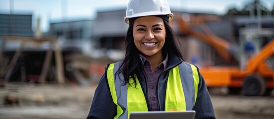 Mixed race female engineer happily works on a construction site holding a digital tablet and smiling at the camera in a waist up portrait The image allows for copy space