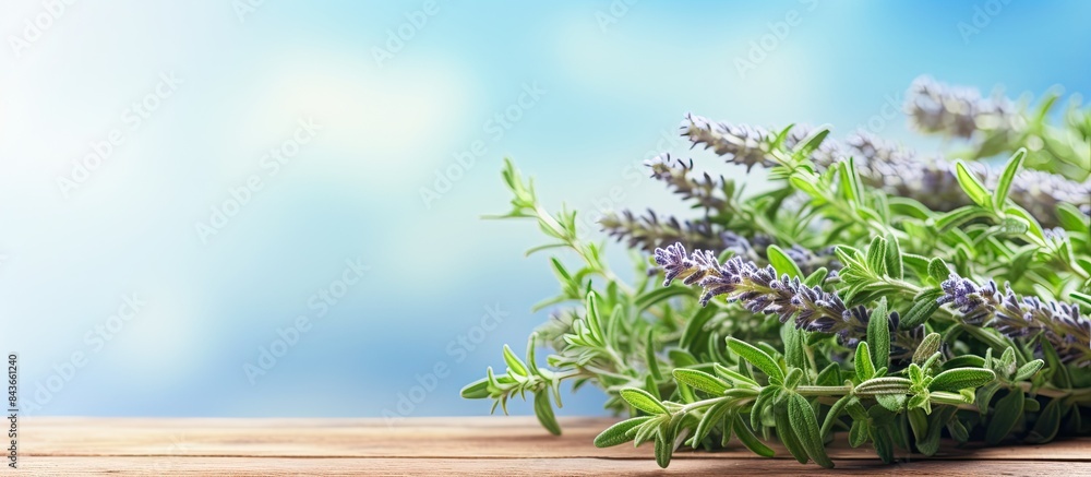 Poster bunch of aromatic thyme on light blue wooden table closeup space for text. copy space available