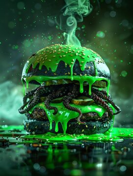Naklejki Horror Hamburger: A Surreal Culinary Nightmare with Fishbones, Mushrooms, Octopus Tentacles, and Slime