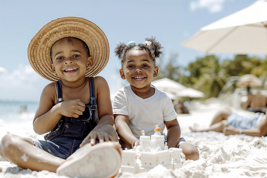 Two black children, a boy and a girl, are smiling and playing in the sand on a white sandy beach. They are building a sandcastle and enjoying the sunny day