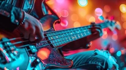 Fototapeta premium Musician Playing Electric Bass Guitar Under Bright Colorful Stage Lights During Live Rock Music Performance