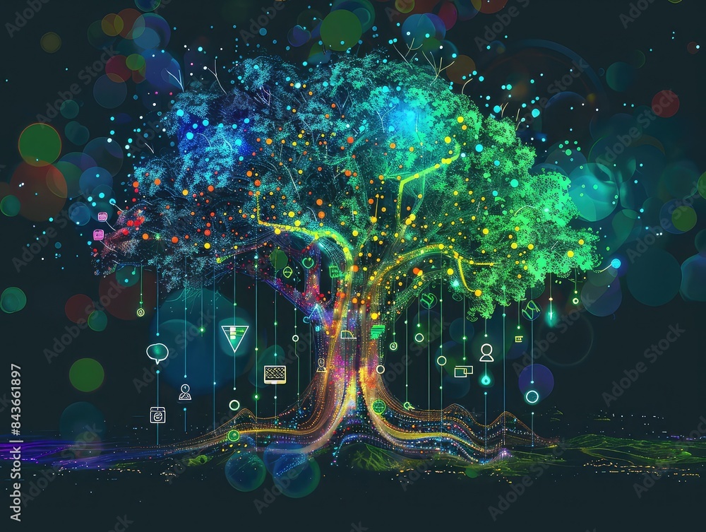 Poster esg principles visualized as a digital tree with roots connecting to holographic social impact and s