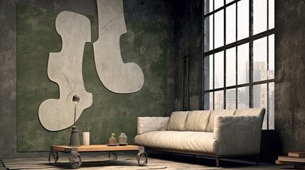 very large black and white oil painting above a blue couch in an old industrial themed home