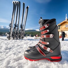 boots on snow, Ski boots on snow and winter time, black ski boots with silver and red buckles is placed in the snow with a blurred background, Ski boots on snow and winter time with a blurred backgrou