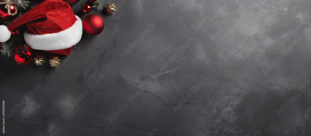 Poster christmas hat on gray background and some christmas baubles christmas template chirstmas background 
